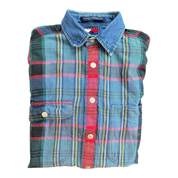 Tommy Hilfiger Flannel Plaid Shirt Denim Collar Men’s Size Small Vintage 90’s - Picture 1 of 11